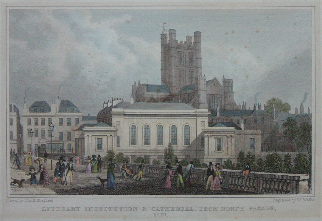 Print - Literary Institution & Cathedral, from North Parade, Bath - Wallis